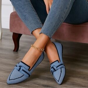 Pointed Knot Bow Top Ballet Flat Casual Loafer Contrast Color Slip-on Shoes Blue